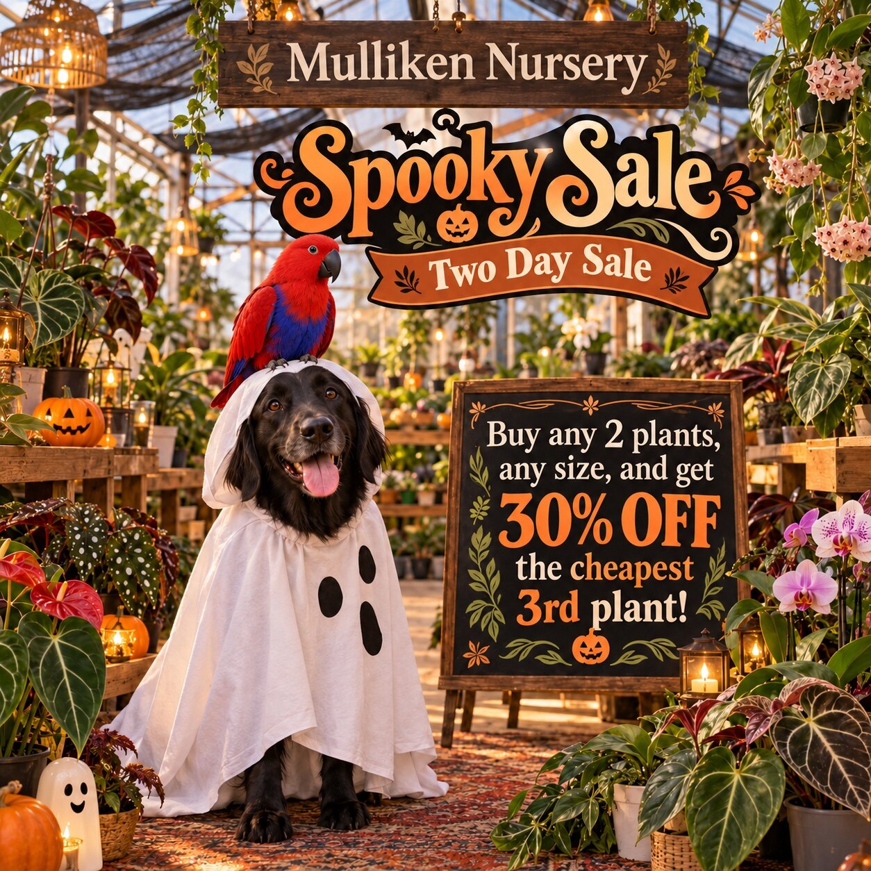 Mulliken Nursery Spooky Sale with Rita and Emmie: buy any two plants, any size, and get 30% off the lowest-priced third plant